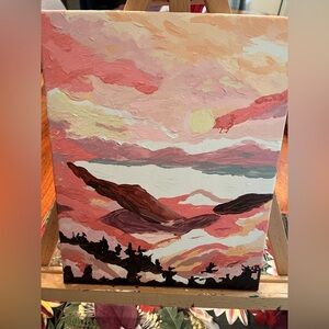 Hand painted by me acrylic on canvas pink sunset mountains reimagined